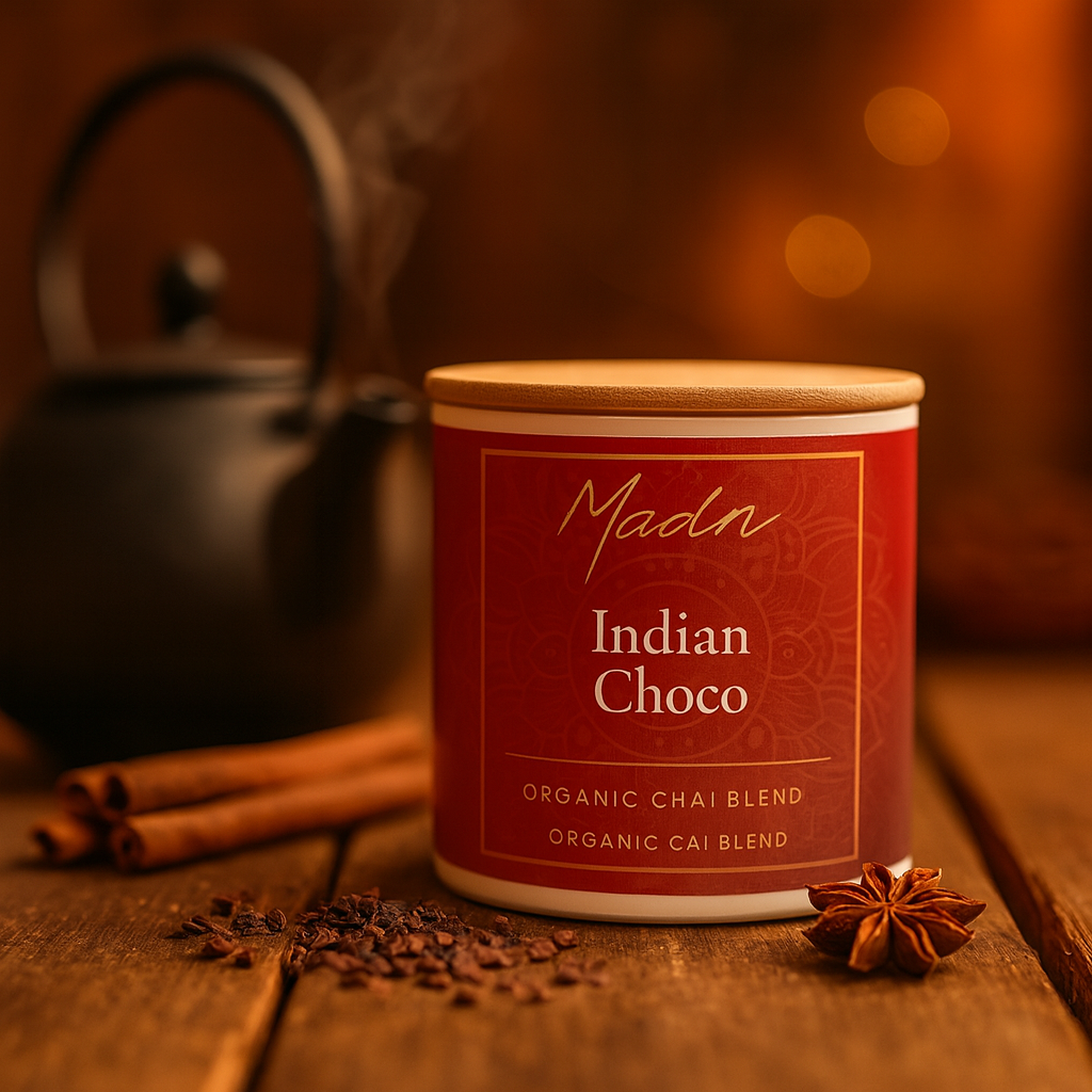 Madn Tea Ice Tea Collection — Green Fusion and Summer Sunset stacked bamboo-lid tins on a wooden table, labels reading “Boost & Energize” and “Refreshing & Energizing.